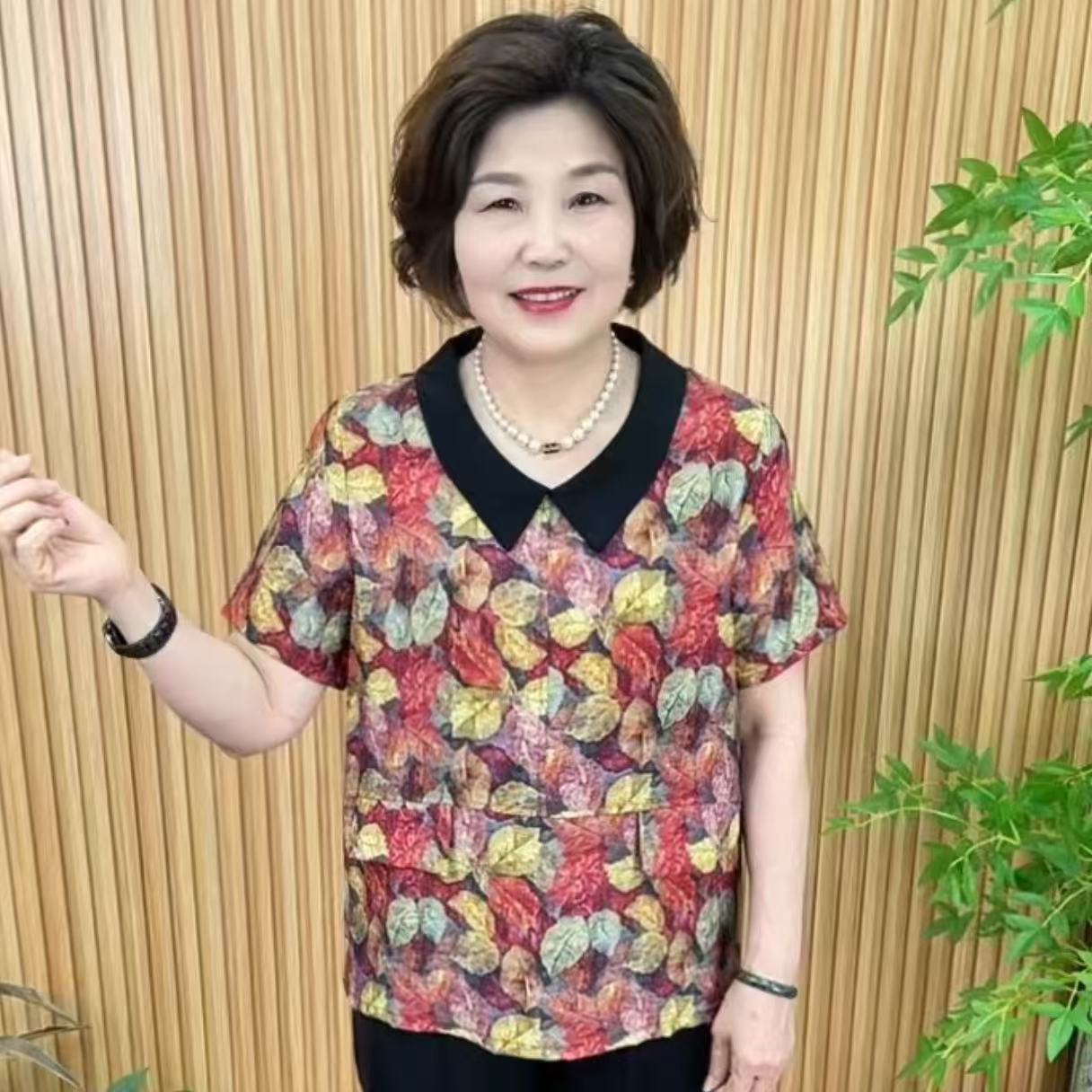 气质短袖洋气妈妈装时尚娃娃领连衣裙常规翻领夏季V5688