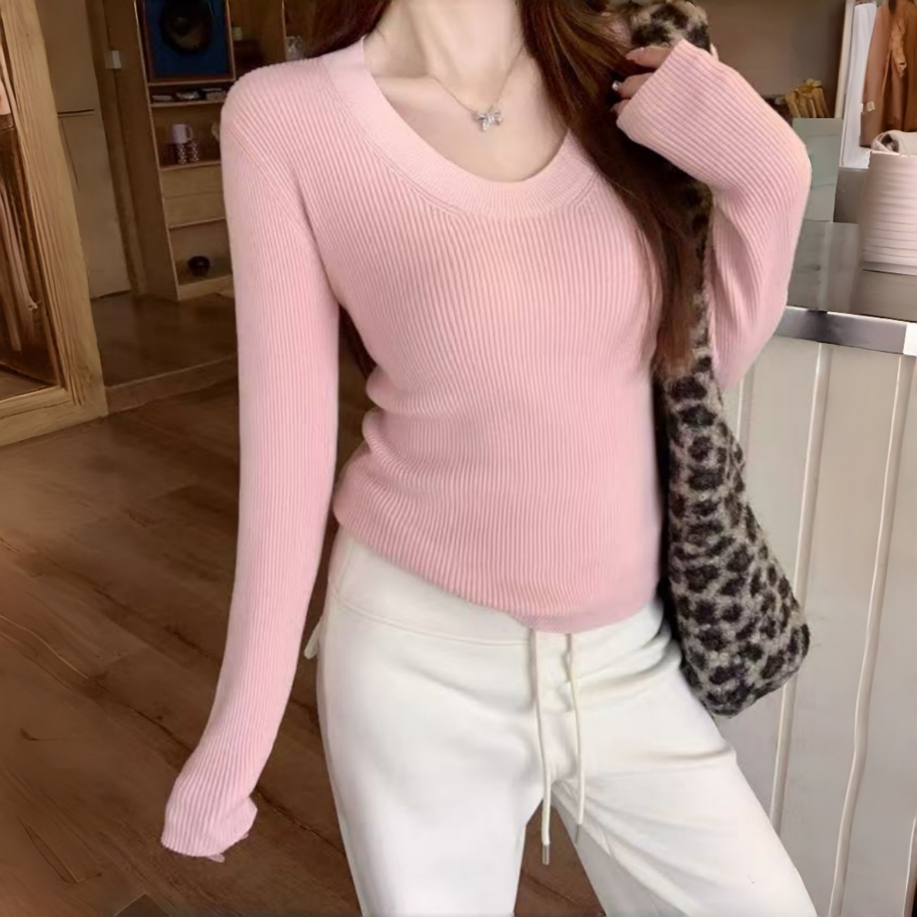 Manmi   竖坑条U领套头毛衣  447