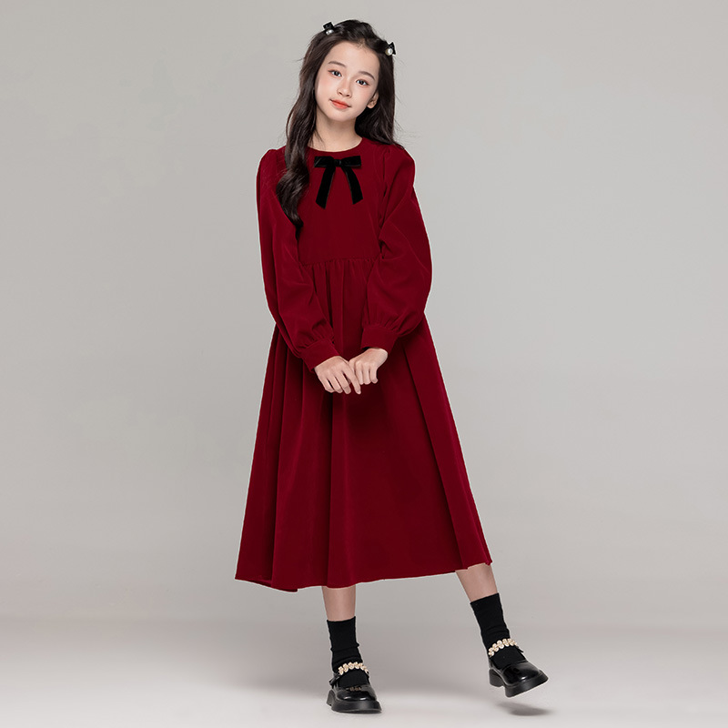 女童长款加绒连衣裙礼服裙子显瘦气质长袖长裙秋冬大码生日复古裙