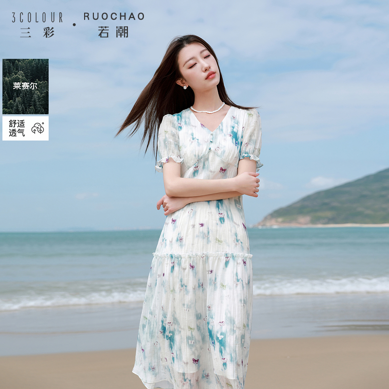 0286【达人专属】三彩若潮大码女装2025夏新款V领印花连衣裙dbc