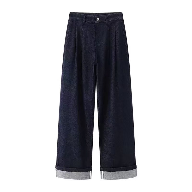 艾诺丝同款2025高腰提花藏青色阔腿牛仔裤女时尚复古休闲长裤3232
