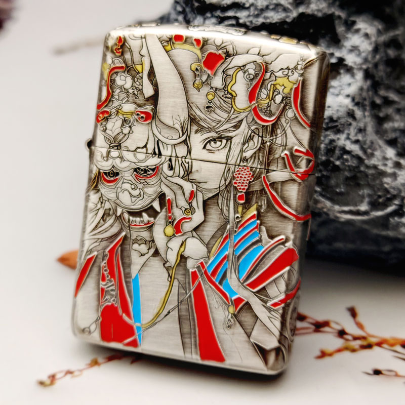 Zippo打火机正版盔甲熏银五面填彩傩戏面具 防风煤油送男朋友DYJ1