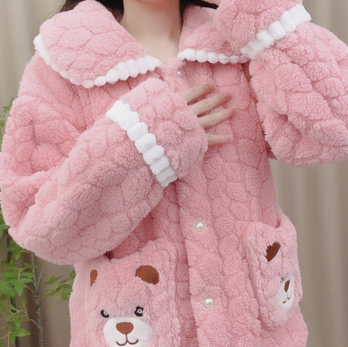 NN--秋冬季加绒加厚娃娃领小熊睡衣家居服舒棉绒睡衣套装可外出