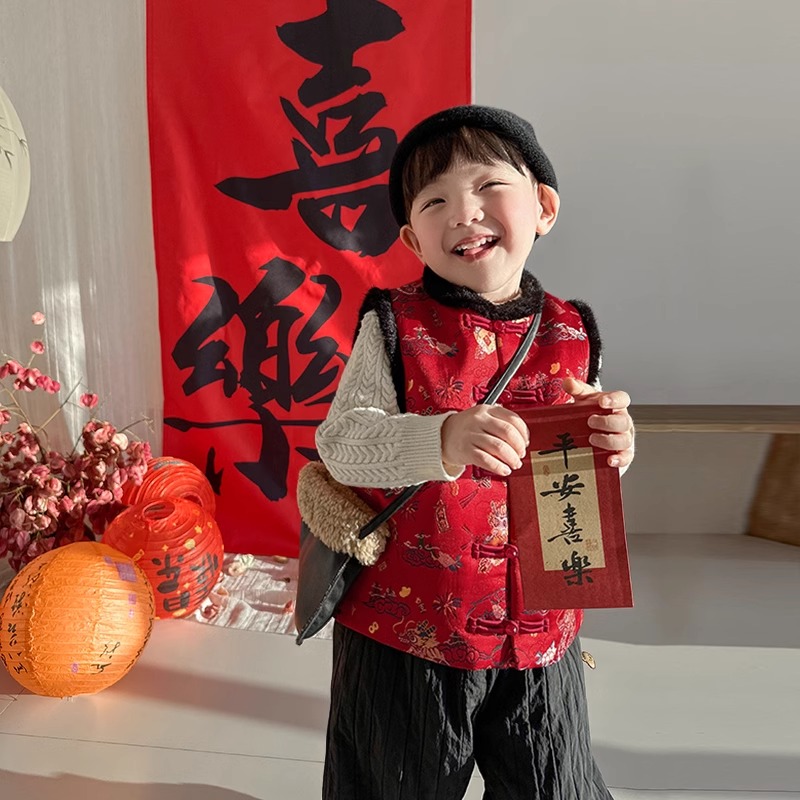 宝宝拜年男童唐装中国喜庆汉服加绒冬季加厚新年过年儿童中式马甲