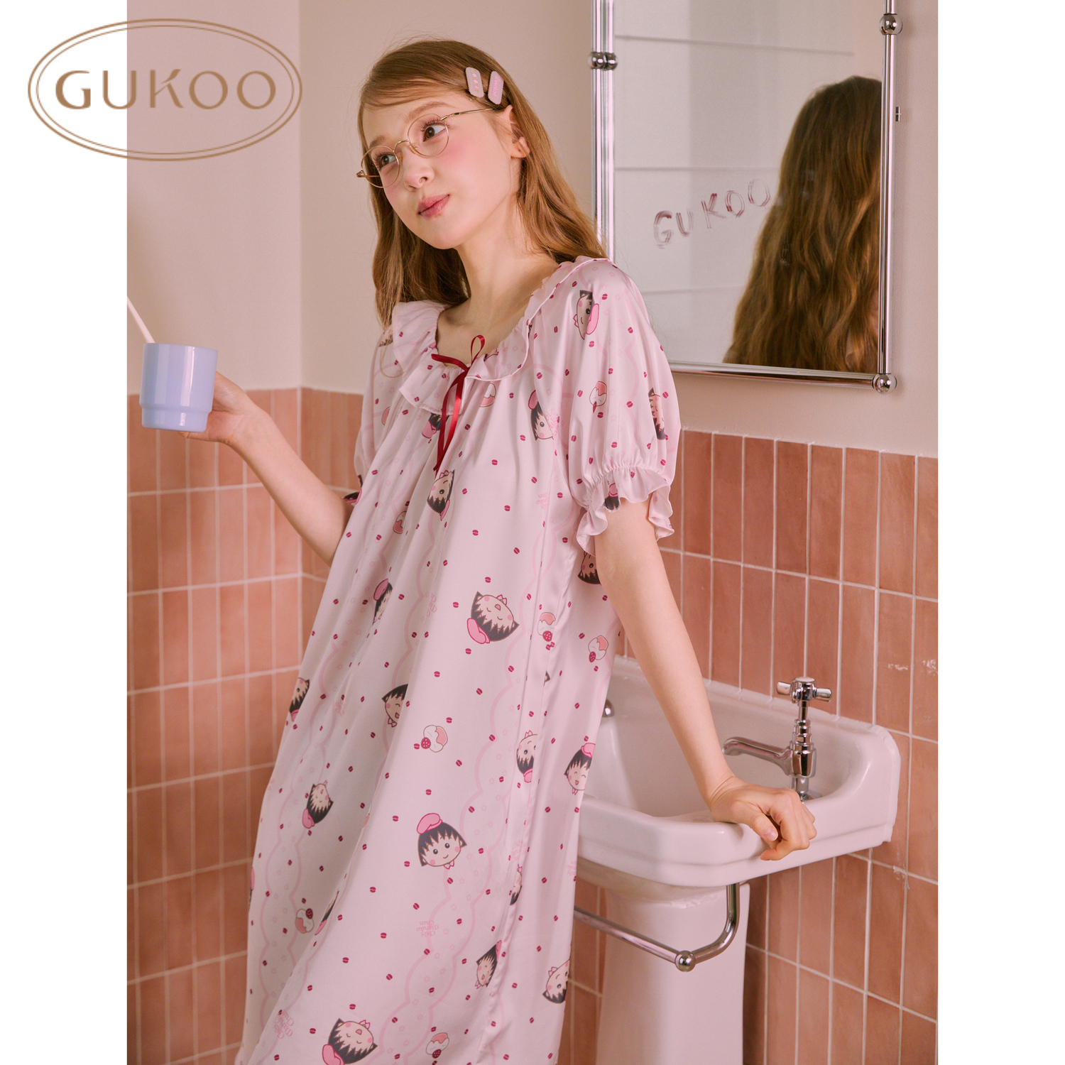 Gukoo/果壳睡衣女夏季樱桃小丸子联名印花冰丝家居服睡裙可外穿