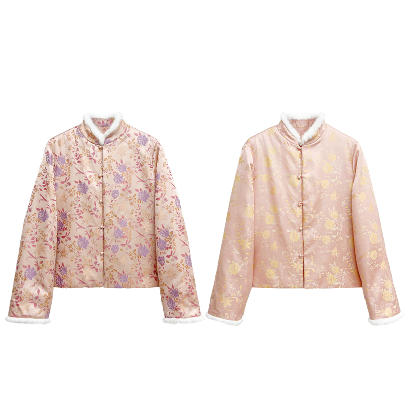 【橙庐】684001原创新中式粉黛提花香云纱夹毛棉服 秋冬女款中国风