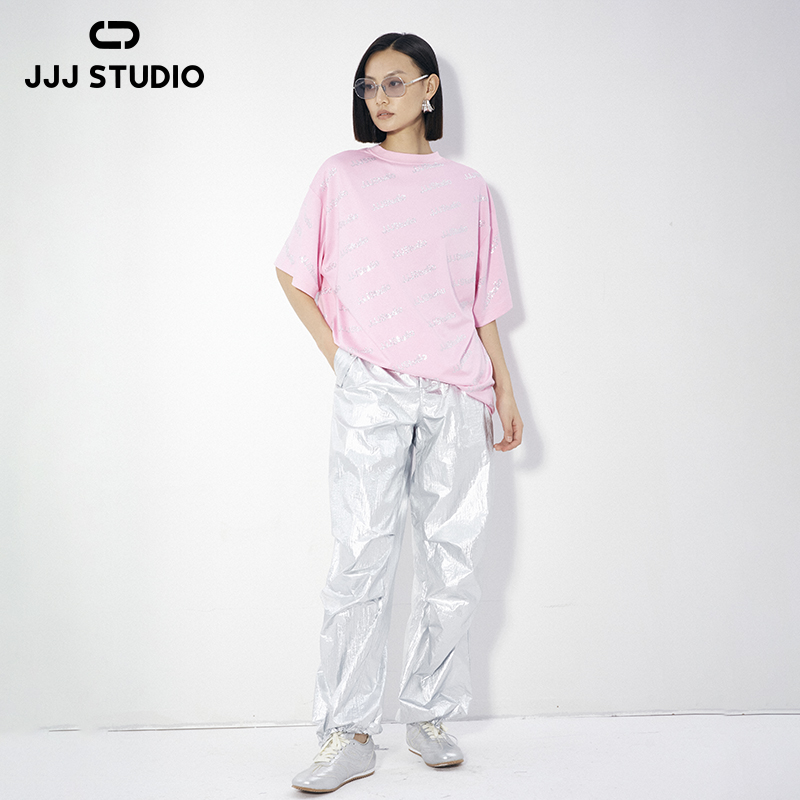 JJJ STUDIO 银色重工奢华压褶设计光泽感直筒长裤女装 JUWFR1K140