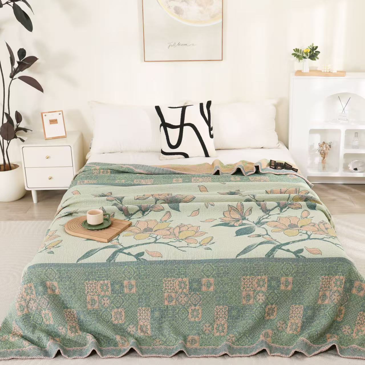 【青莎】床盖-加大青枝玉兰-绿-230*250cm多层纱布工艺高端床盖