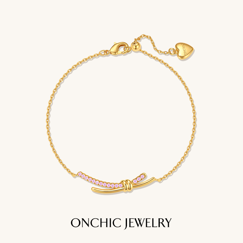 锆石手链 Onchic星愿结手链女粉色蝴蝶结锁骨链小众高级感轻奢