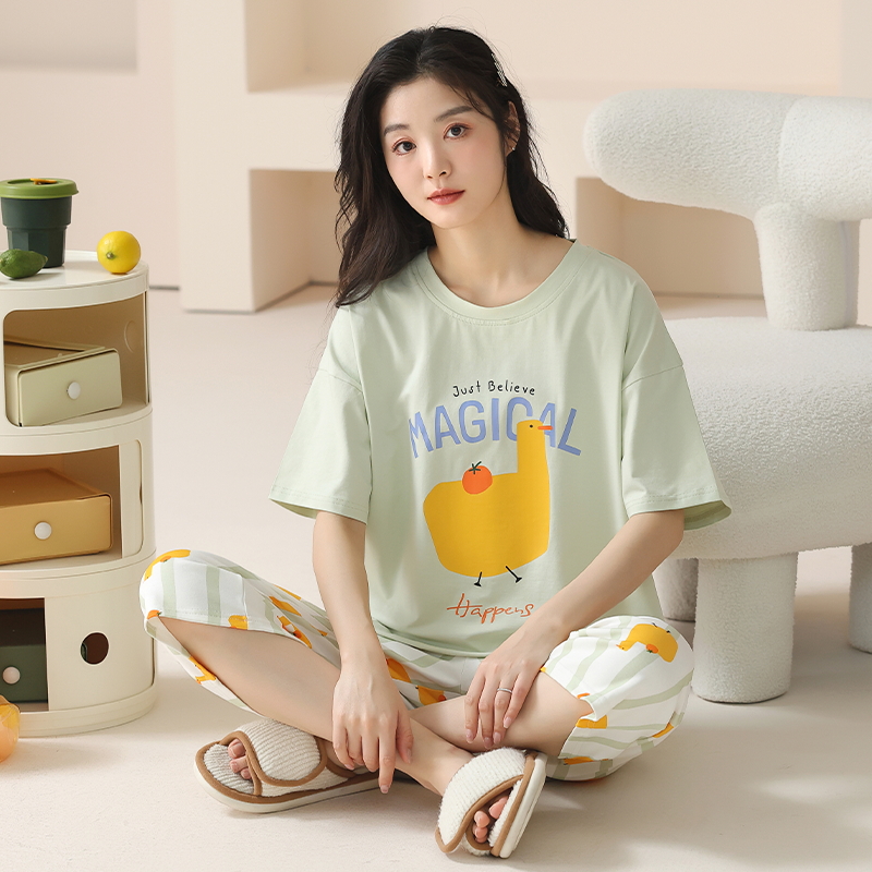 女士纯棉短袖休闲可爱甜美家居服卡通韩版宽松学生七分裤全棉套装