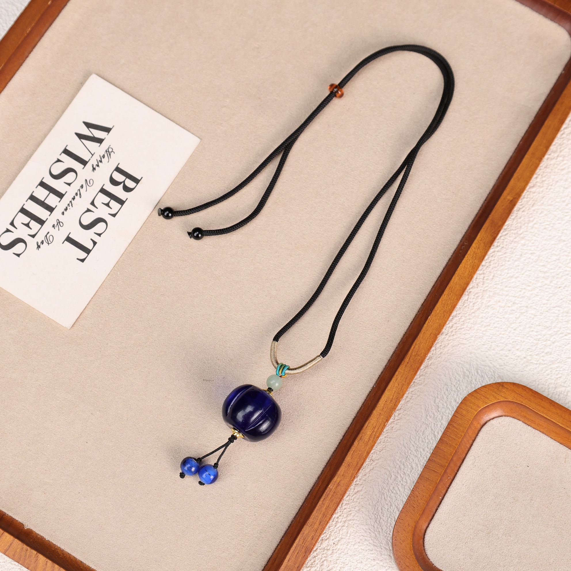 LZ5242深蓝色南瓜珠大单颗珠绳编琉璃项链