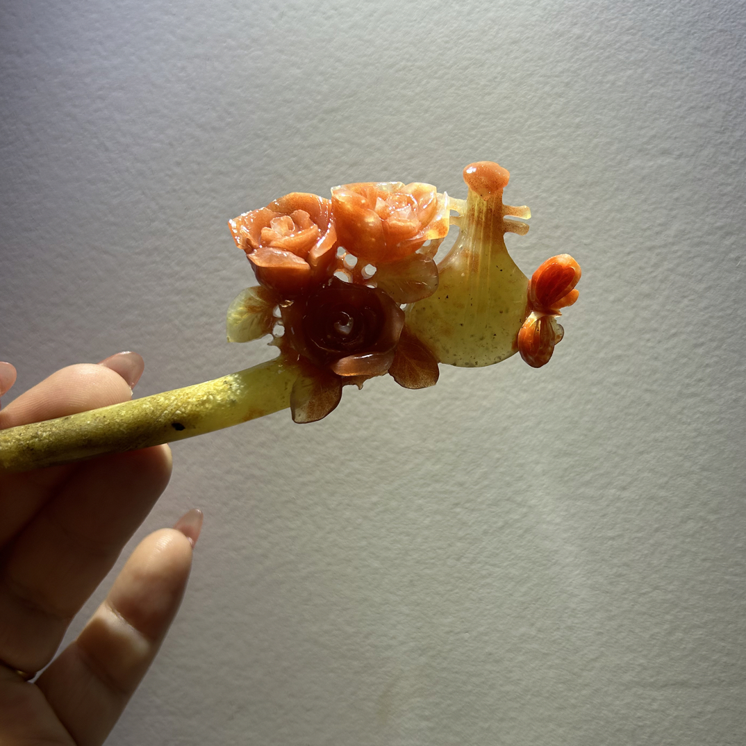 天然岫玉发簪 辽阳红 遇见知音 玫瑰花发簪古风