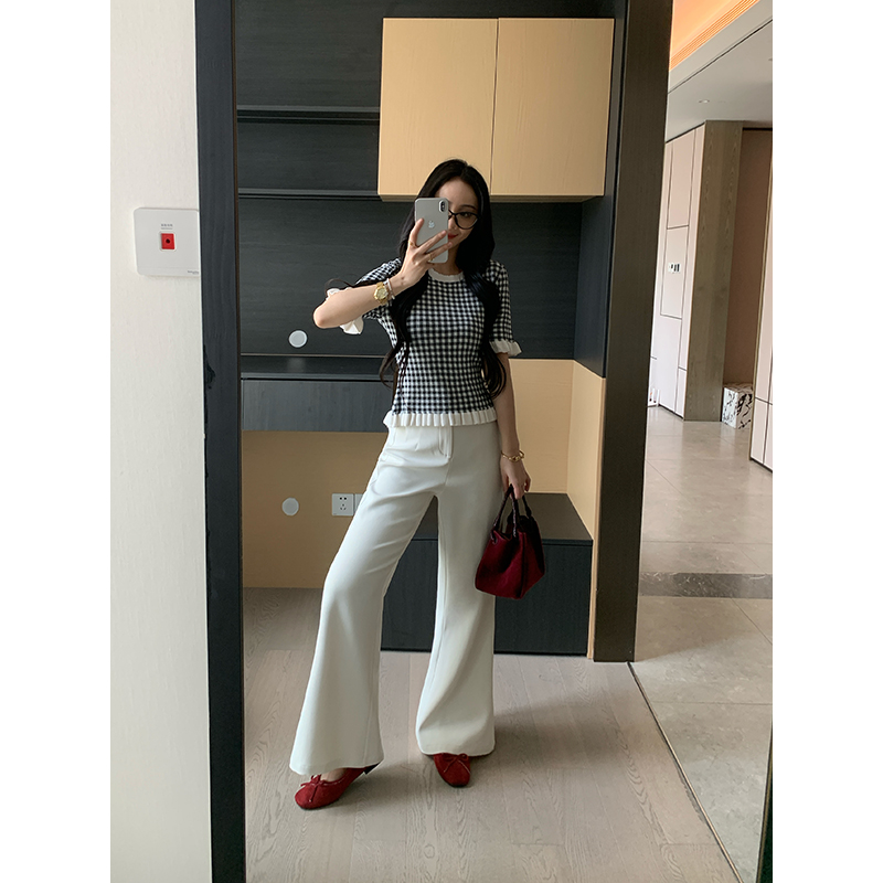 XINYI【长腿te效】春夏休闲网纹西装微喇裤女高腰显瘦X625K03927