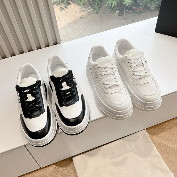 小众厚底增高百搭小白鞋真皮拼色熊猫系带休闲运动低帮单鞋板鞋女