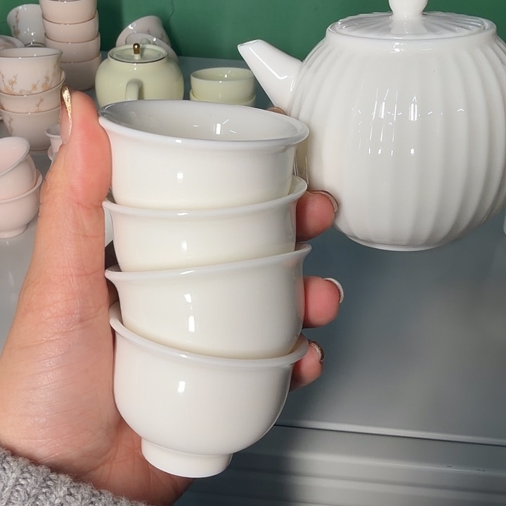 孤品素烧高端羊脂玉茶杯六个反口杯45+一个线条壶
