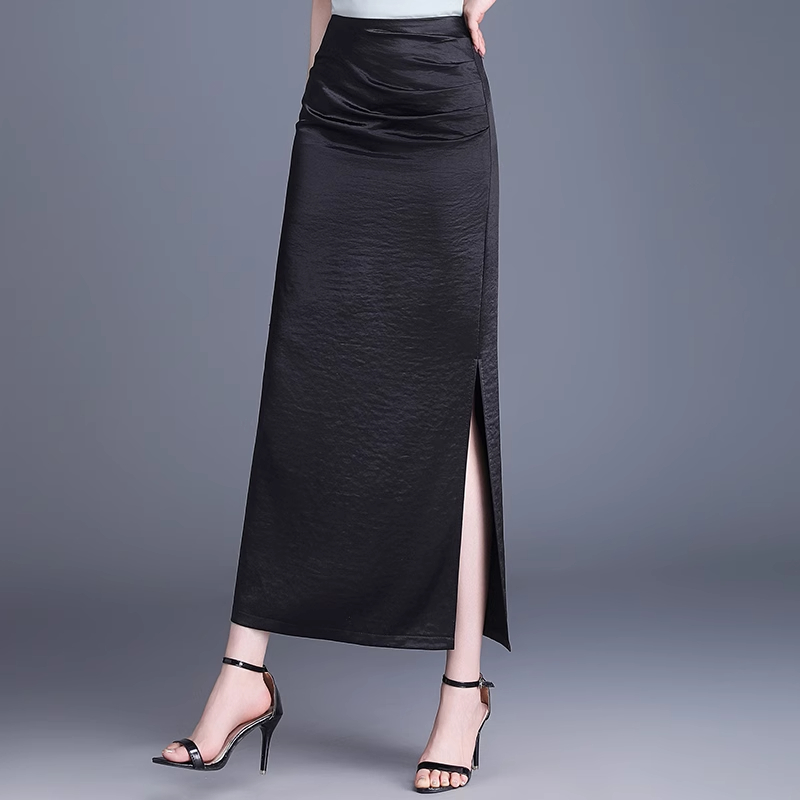 拉夏贝尔缎面开叉包臀裙半身裙女2025夏季气质长裙子直筒一步裙子