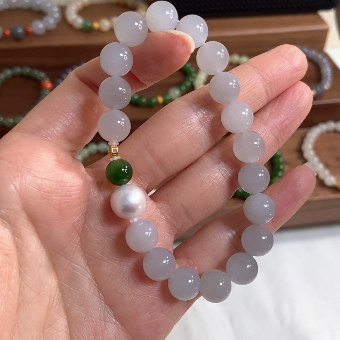 和田玉手链银S925镶嵌10mm冰底香芋紫微猫