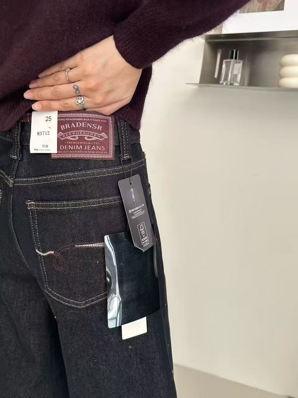 【阿婷家】@M3712时尚红绳拼接加绒拖地裤