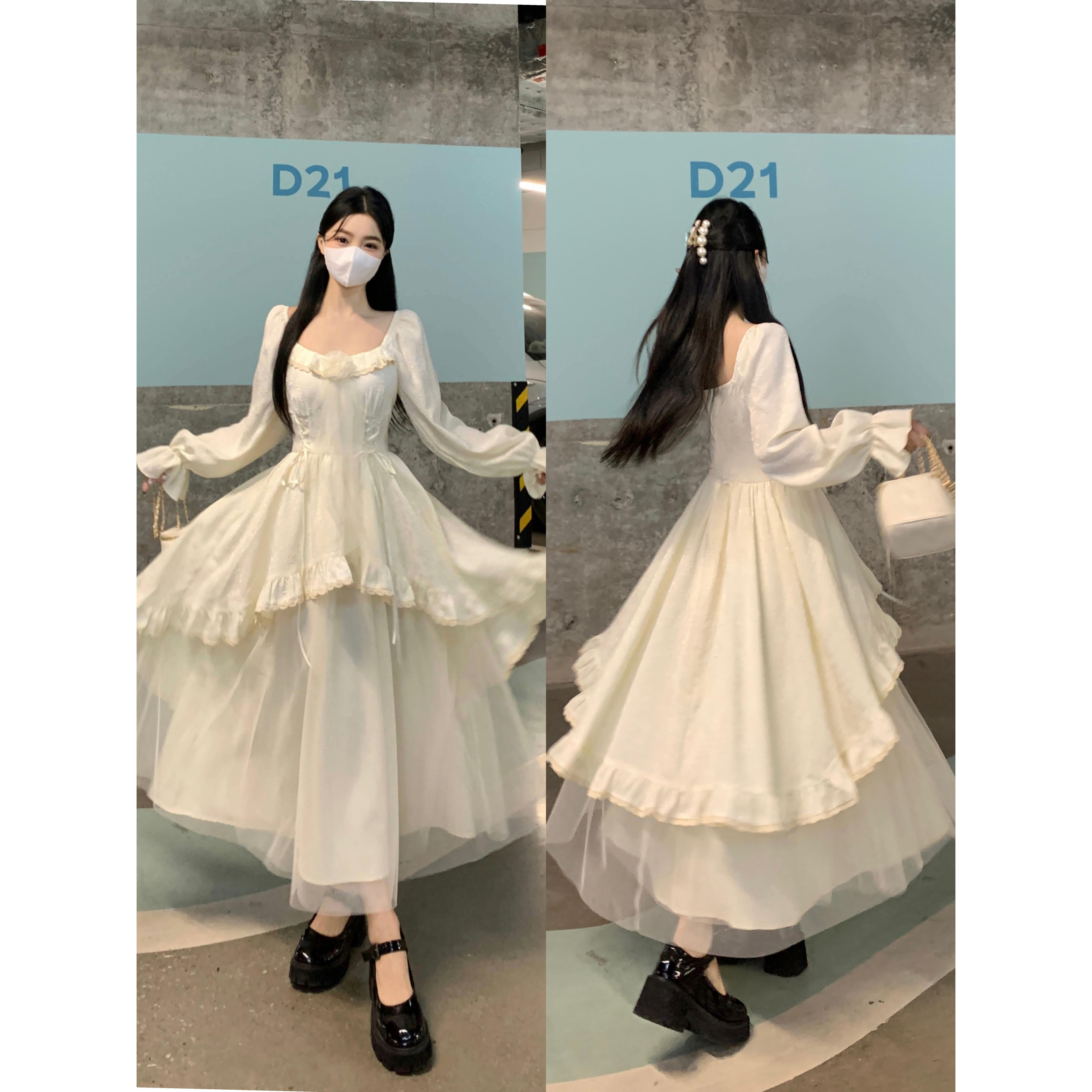 大码【水彩白栀】气质仙女裙系带提花网纱拼接不规则大摆连衣裙