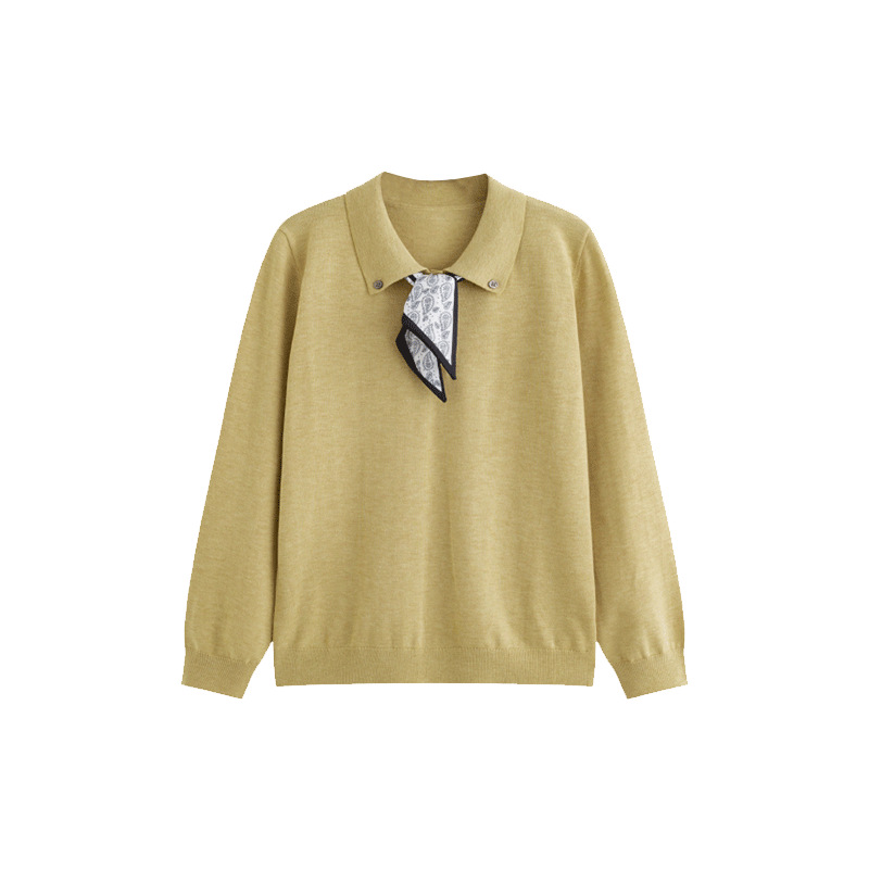 大码女装气质polo领丝巾上衣2025秋款胖mm宽松休闲针织衫女23555