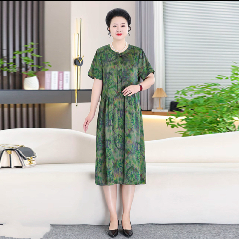 2025夏新款大妈妈妈装国风立领中长款花色连衣裙洋气宽松拼接裙子