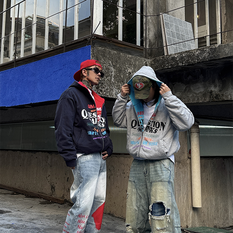 白鹤大人760g重磅纯棉个性字母印花双面穿连帽卫衣男宽松长袖外套