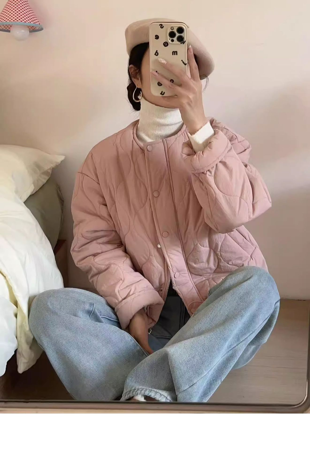 小个子圆领菱格棉衣棉服女上衣2025春秋新款宽松百搭夹棉外套