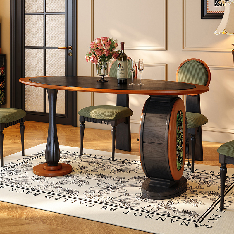 新款中古风椭圆实木餐桌法式复古风餐桌家用小户型绿色白蜡木餐桌