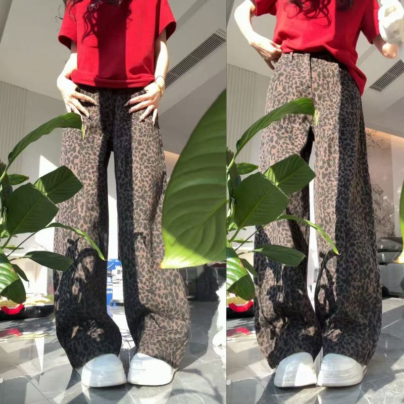 雅希定制~【豹纹牛仔】加绒豹纹牛仔裤复古辣妹直筒牛仔阔腿裤