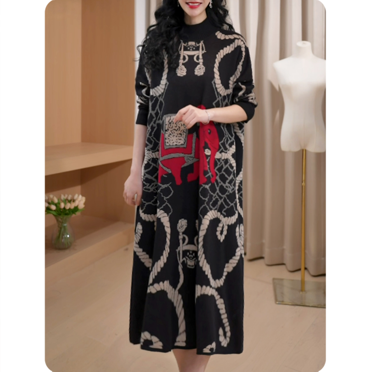 [TL4]红象女士宽松连衣裙中长款毛衣裙气质休闲女装6L0124286