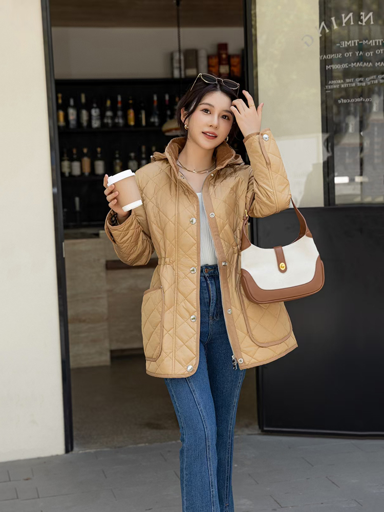 F2348菱格棉服春秋女装2025新款英伦风文艺纯色轻薄保暖中长外套