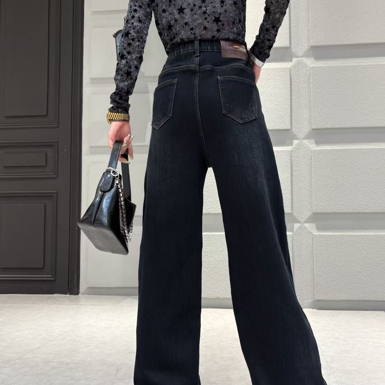 新款大码1137-1高腰加绒加厚阔腿显瘦牛仔裤（以主播手里实物为准）