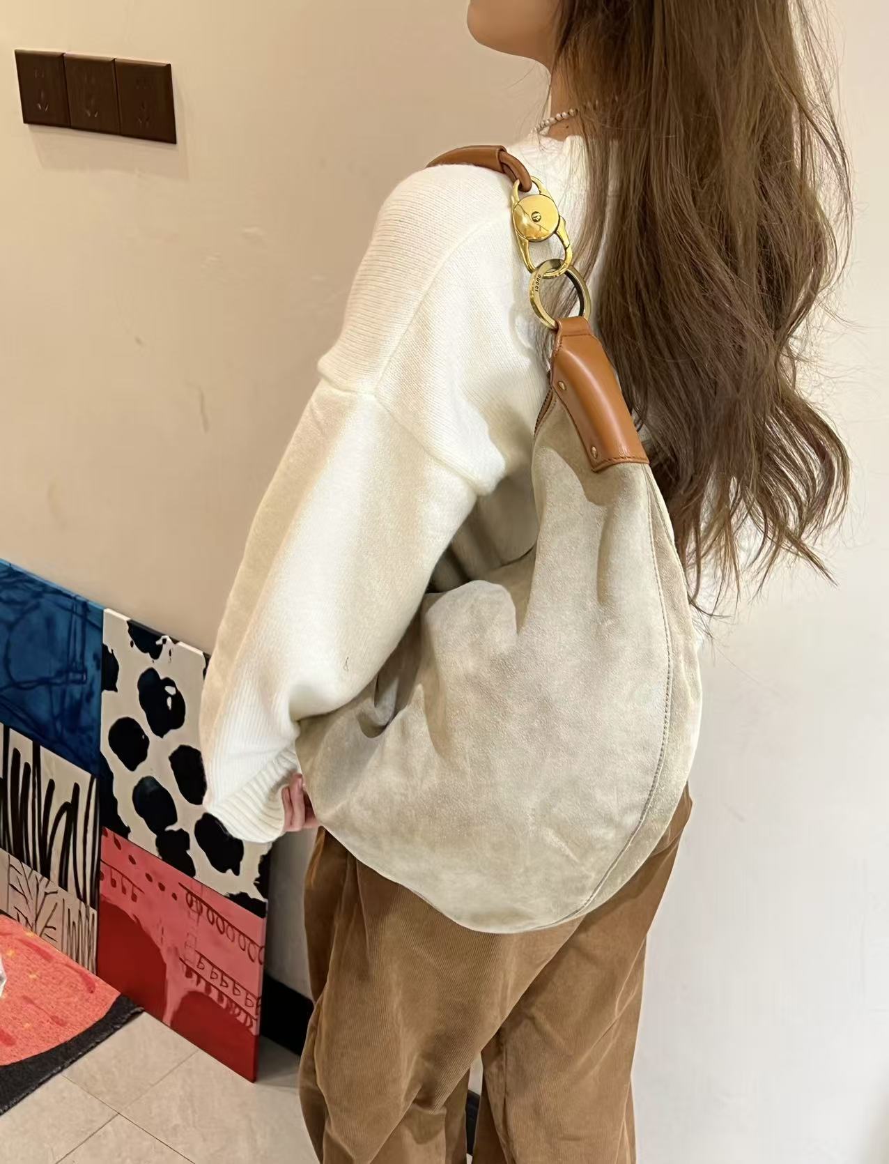 95新 GUCCI/古驰 麂面拼皮腋下hobo/单肩包