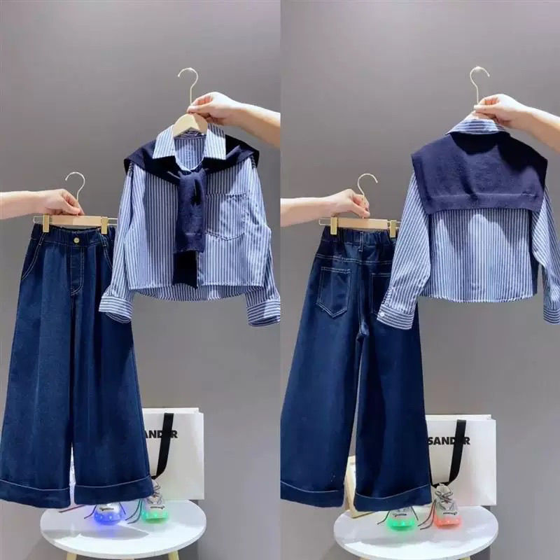 女童春秋款套装2025秋季新款中大童条纹衬衫两件套女孩洋气牛仔裤