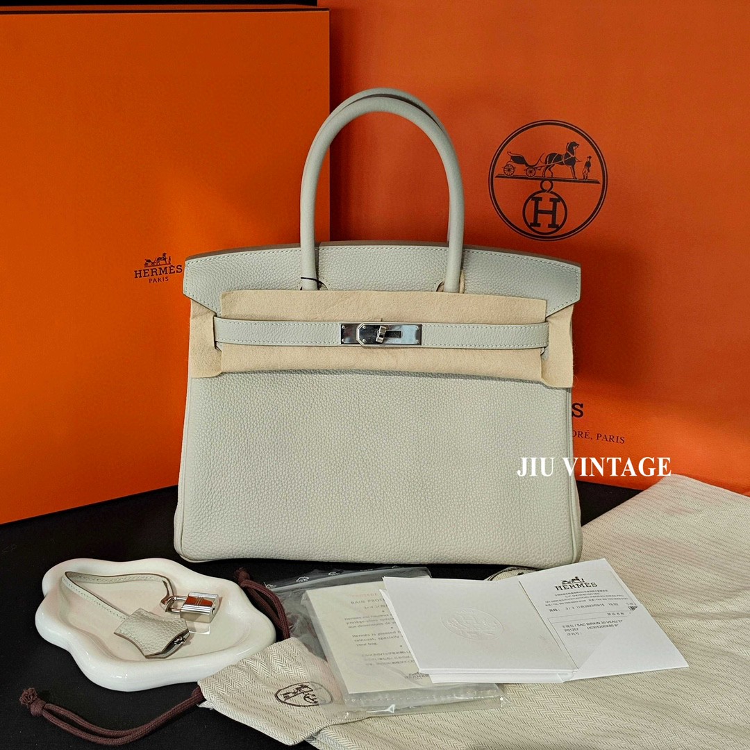 99新 Hermes/爱马仕 珍珠灰birkin30银扣B刻闲置全套JM13-0155
