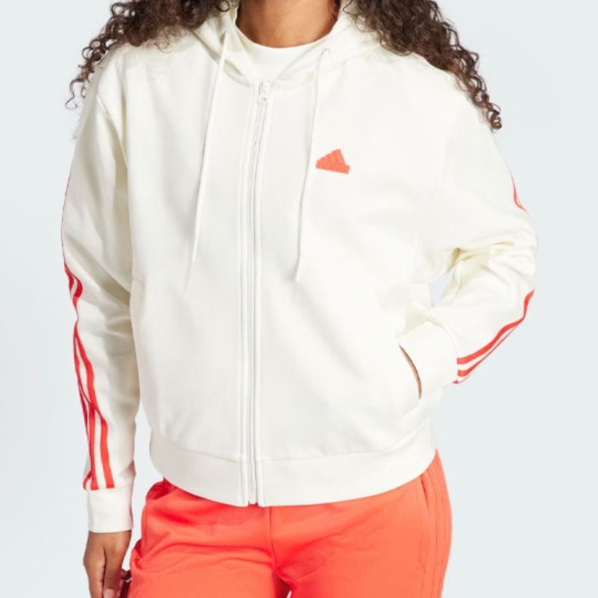 adidas三条纹拼色运动连帽夹克外套 女款 汉玉白IS3679