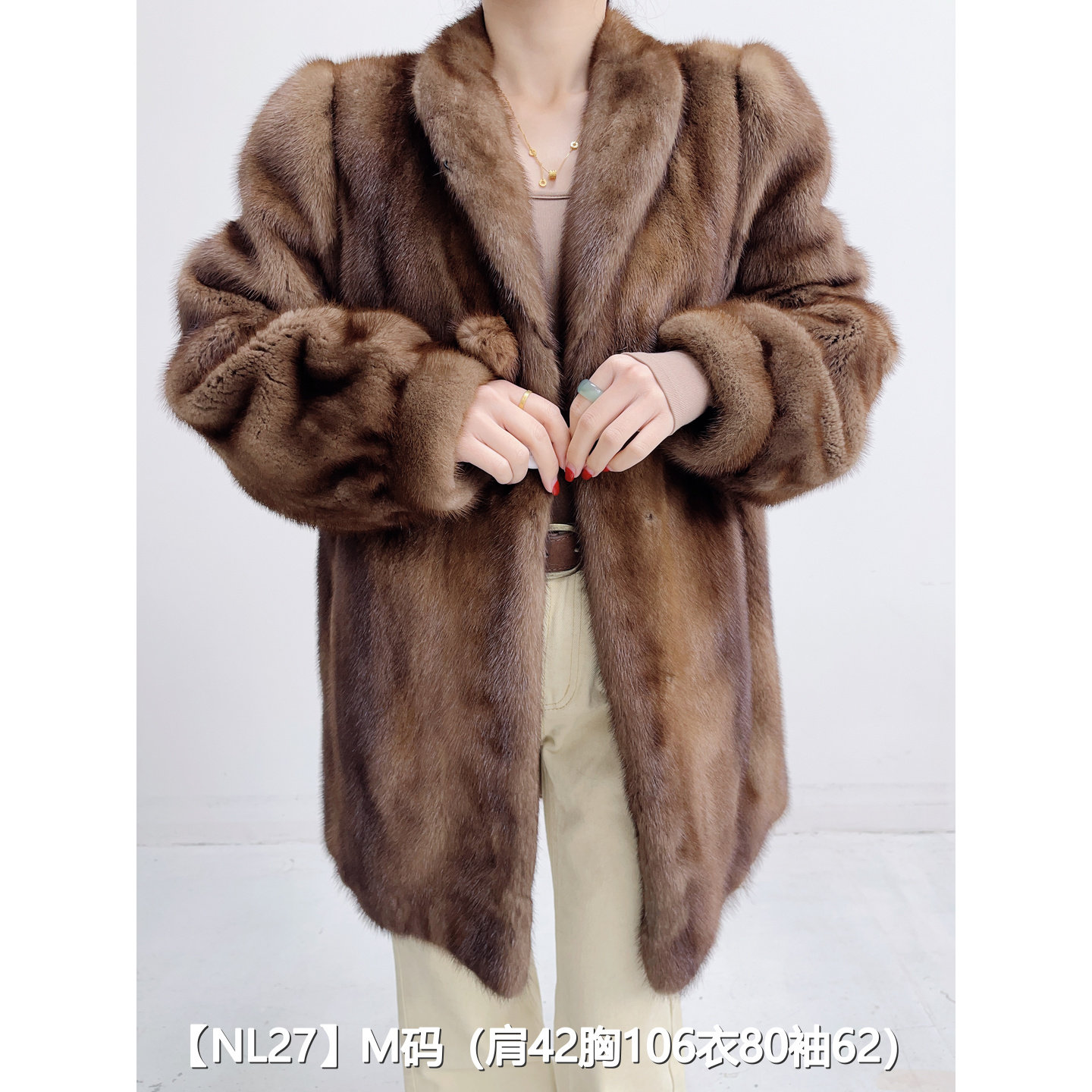 【NL27】L 冷茶棕中长款全抽貂皮水貂外套女 立领泡泡袖 11027