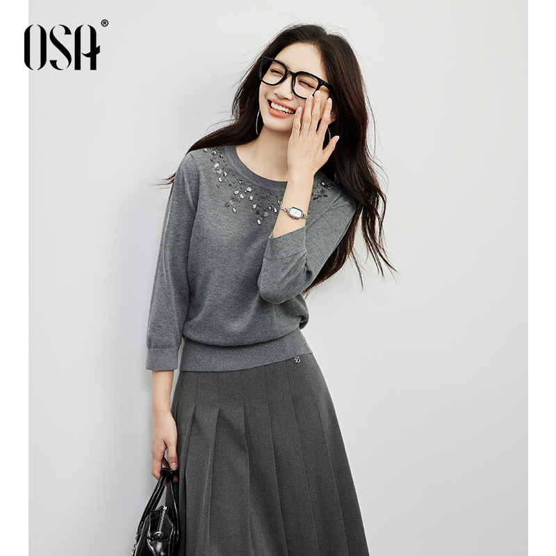 OSA/欧莎 复古手工钉珠针织衫女泡泡袖灰色套头衫上衣S125C16009