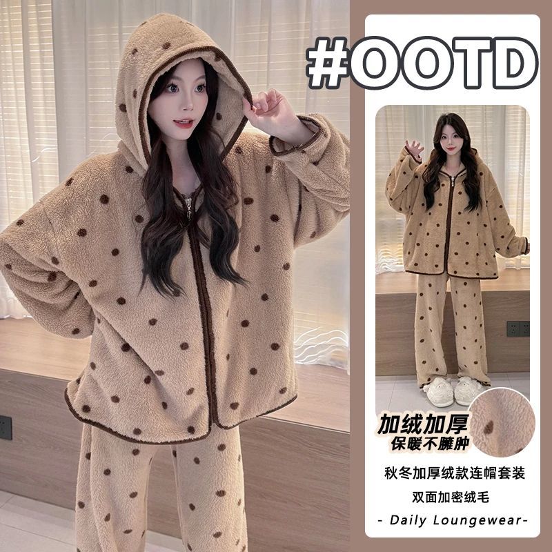 新款波点睡衣女2025年秋冬季长毛绒加绒加厚连帽保暖家居服套装
