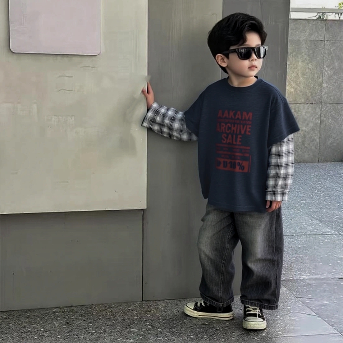 男童韩系秋款套装2025新款男童假俩件长袖儿童秋季休闲牛仔裤套装