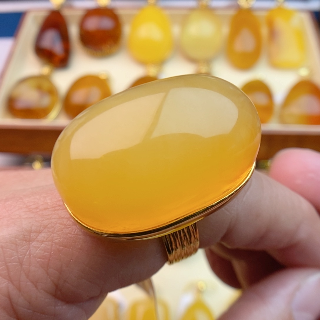 琥珀戒指银S925镀金镶嵌