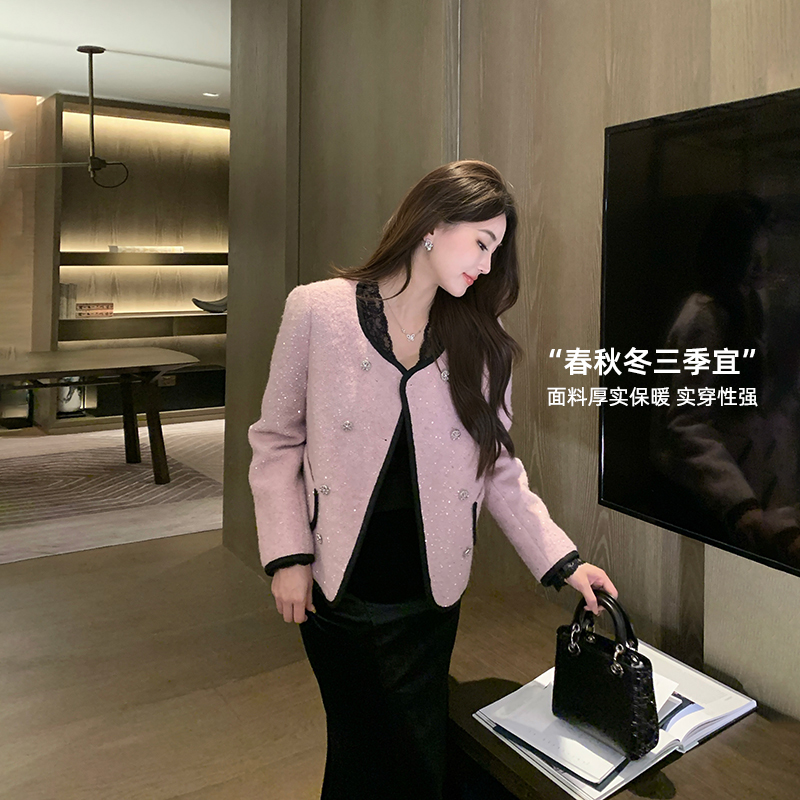 林关关【雅珠粉廓】知性浪漫优雅女秋冬显瘦羊毛圈圈呢小香短外套