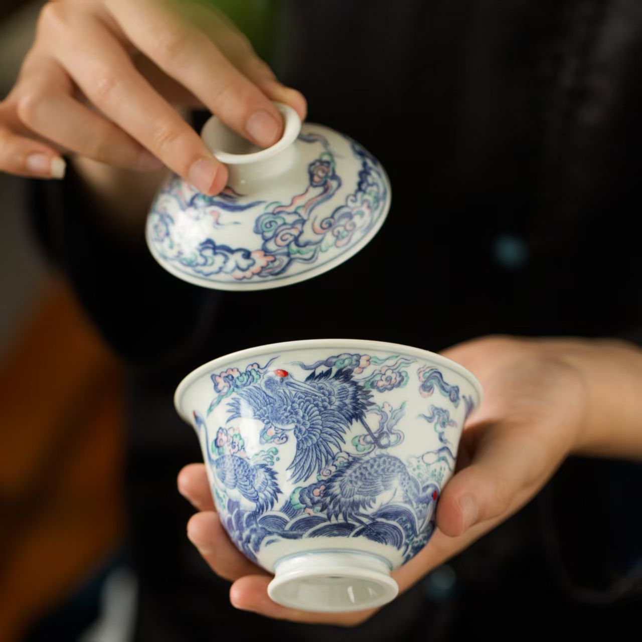 景德镇陶瓷瑞鹤呈祥盖碗送礼茶杯薄胎二才高温瓷泡茶仿古盖碗茶具