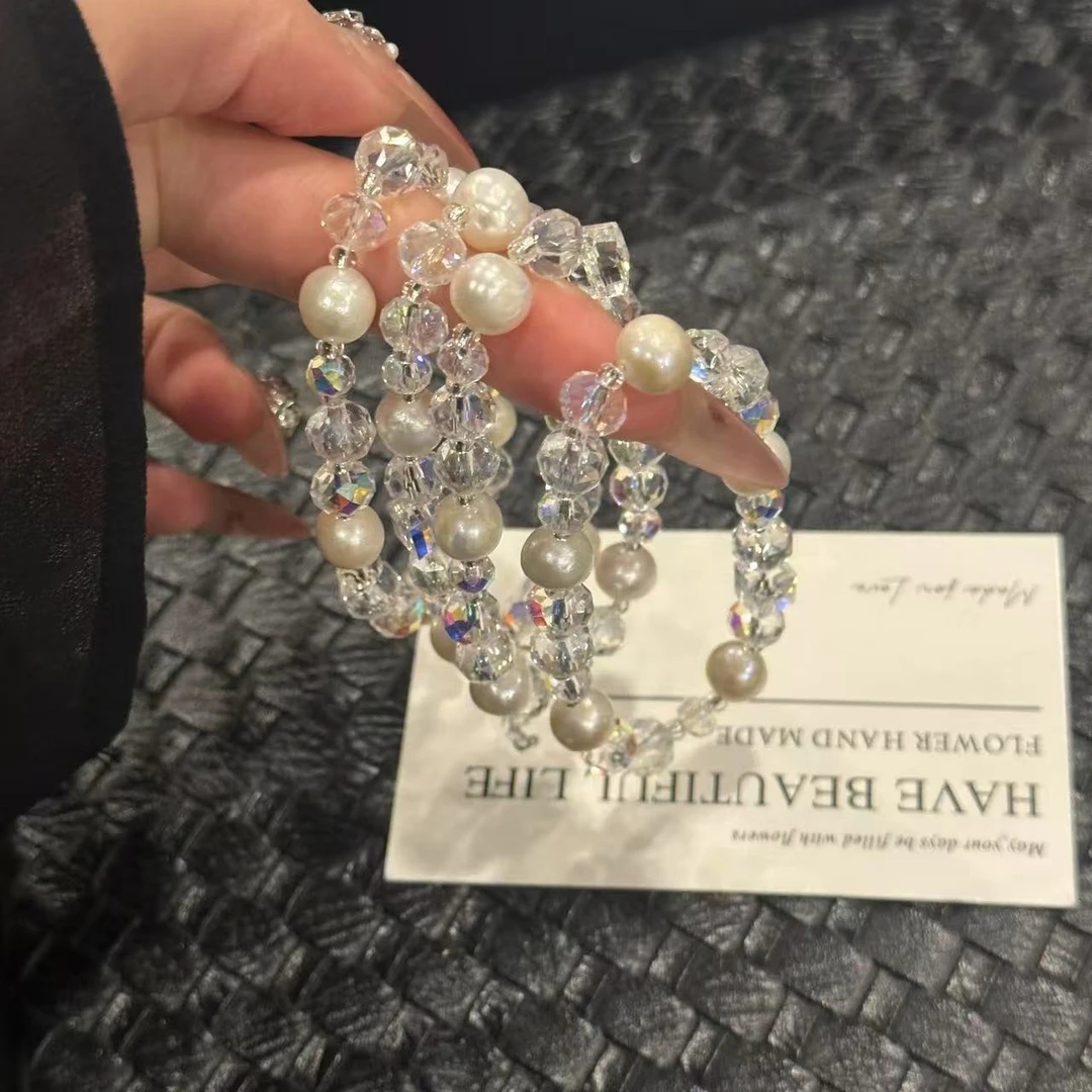 S713 9mm天然淡水珍珠➕奥地利水晶手串 颜色微差 多样性发一