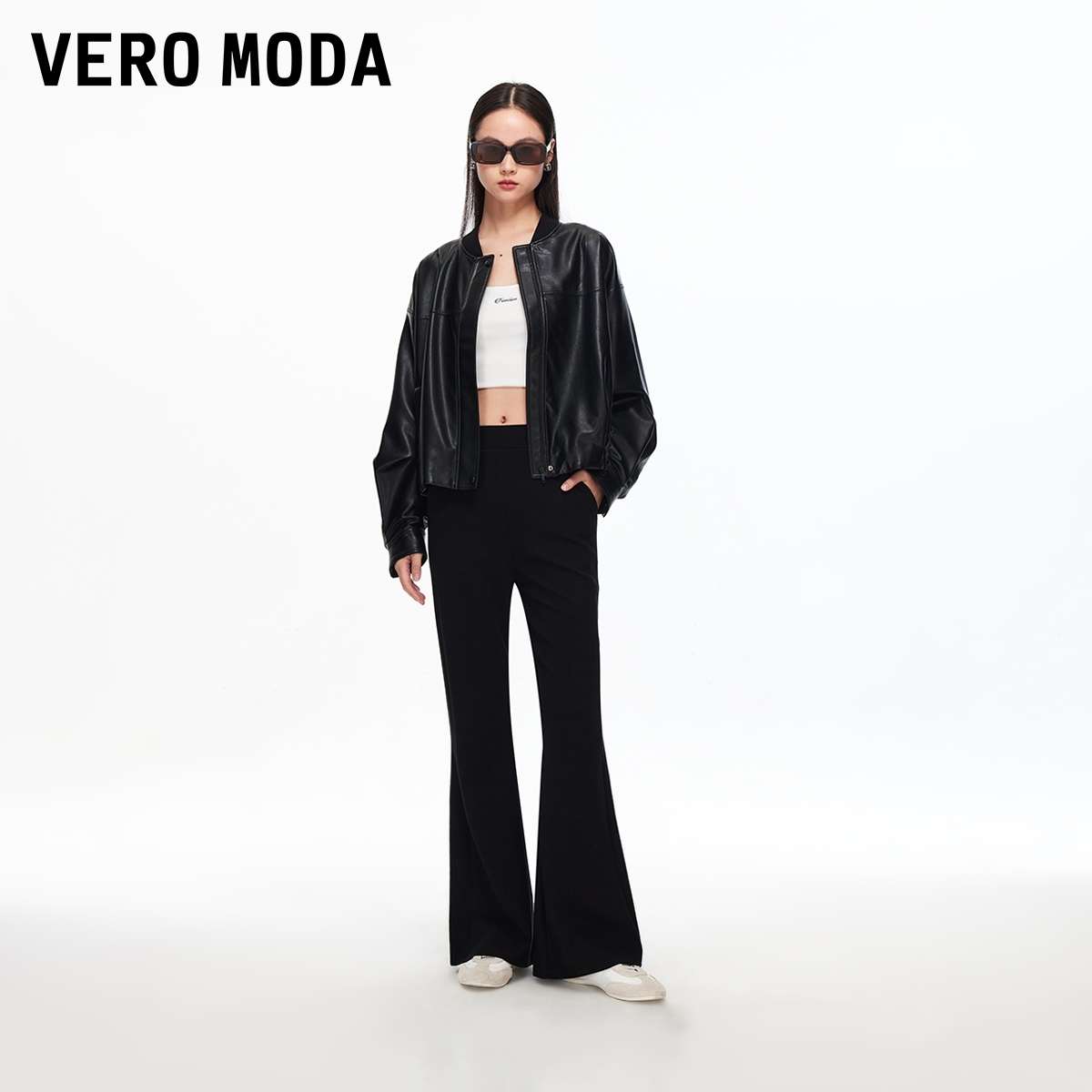 Vero Moda休闲裤2025秋季新款纯色含棉松紧腰通勤微喇裤高级感