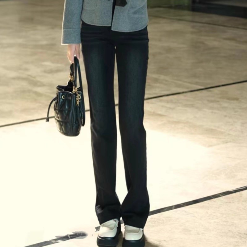 商场同款秋冬季高腰通勤显瘦加绒直筒裤保暖植绒牛仔长裤女110017