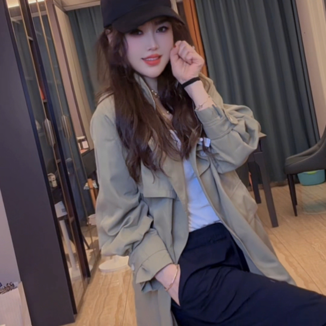 韩系气质显瘦百搭宽松卡其色中长款过膝立领宽松风衣外套女