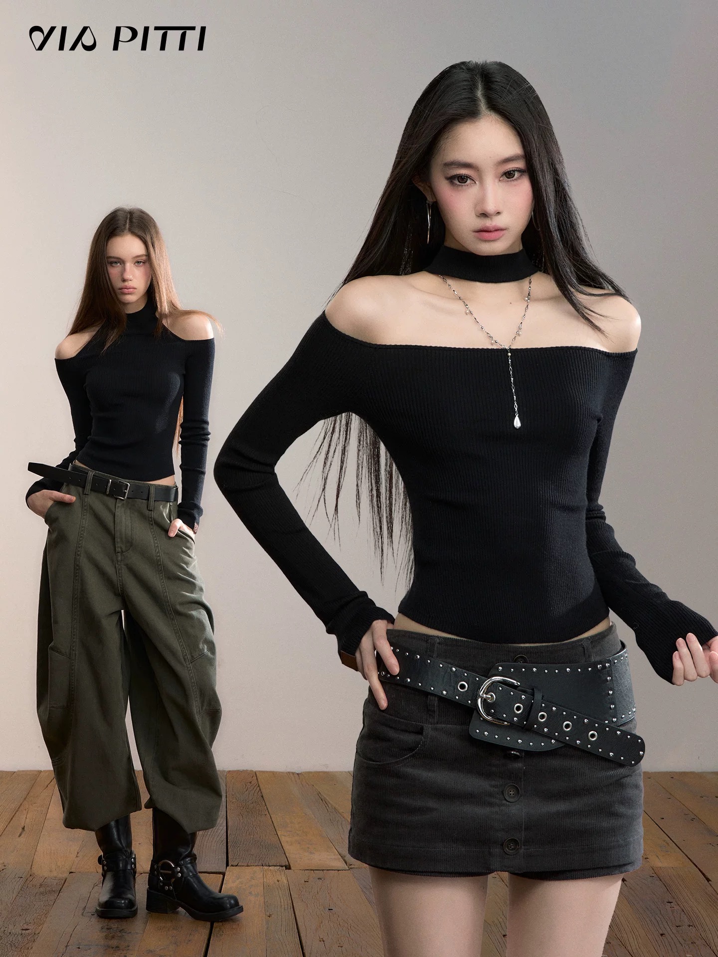 设计感正反两穿小高领露肩毛织打底T恤女装秋冬修身上衣#8419