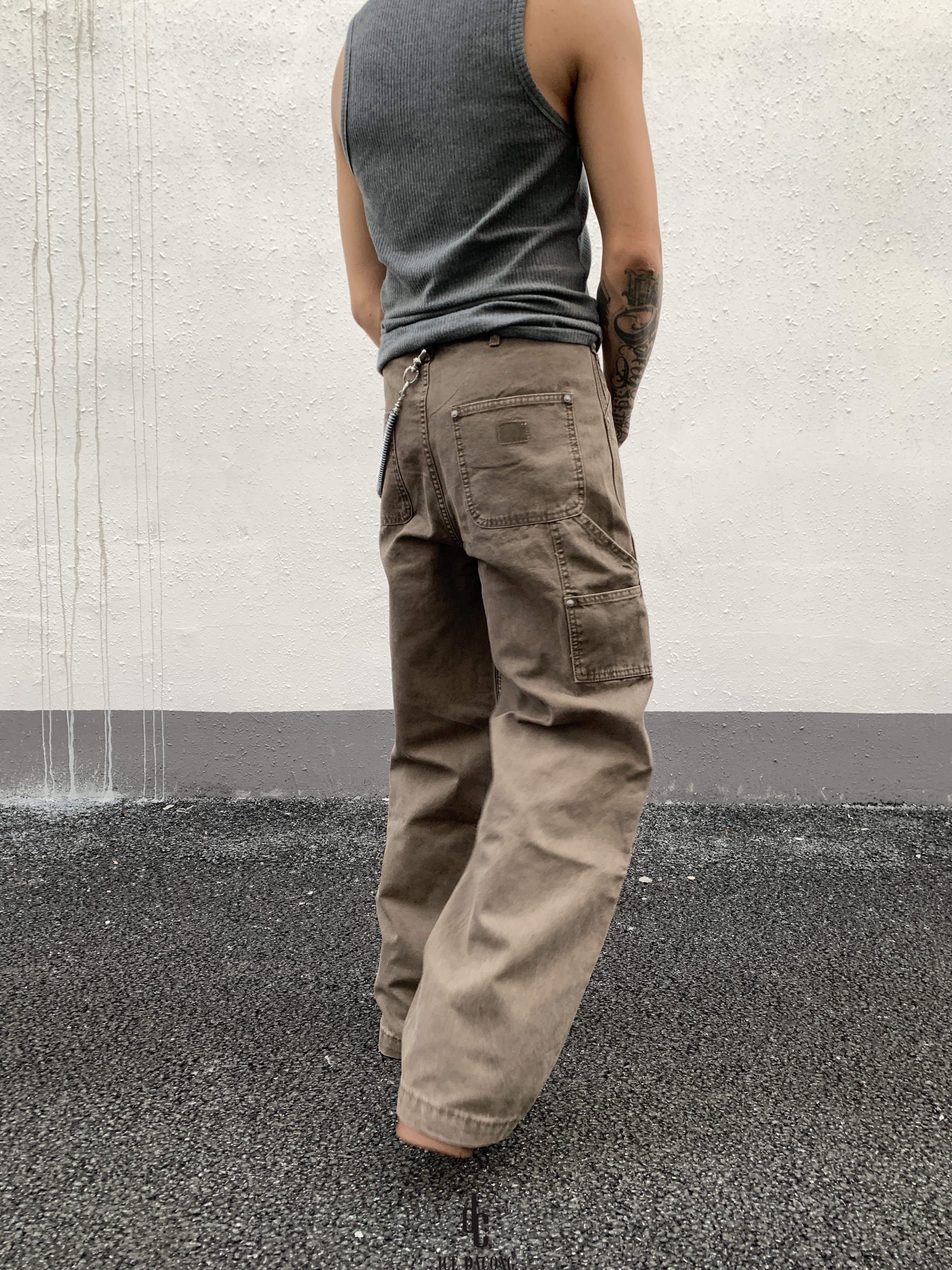 大葱美式复古水洗双膝工装裤男女直筒宽松阔腿cleanfit