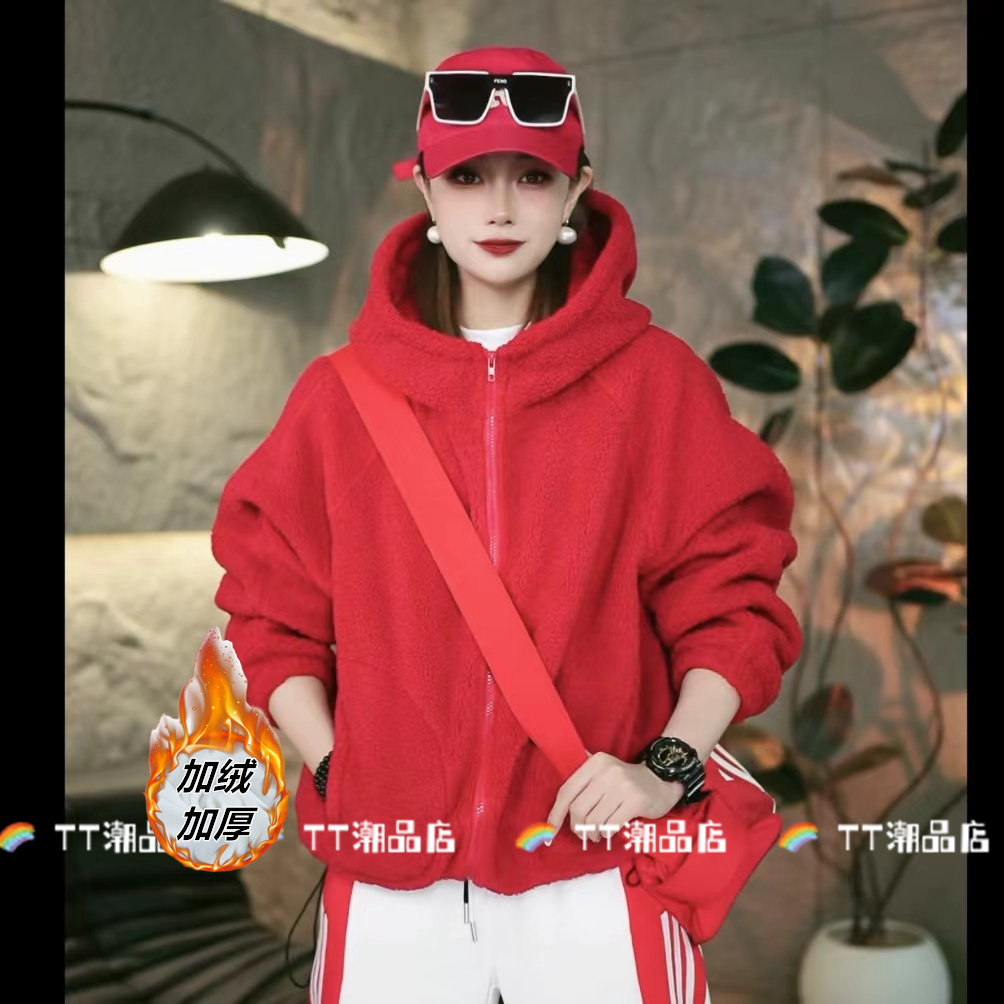 【TT潮品】冬季加绒加厚款百搭休闲彩色系宽松显瘦连帽外套9221